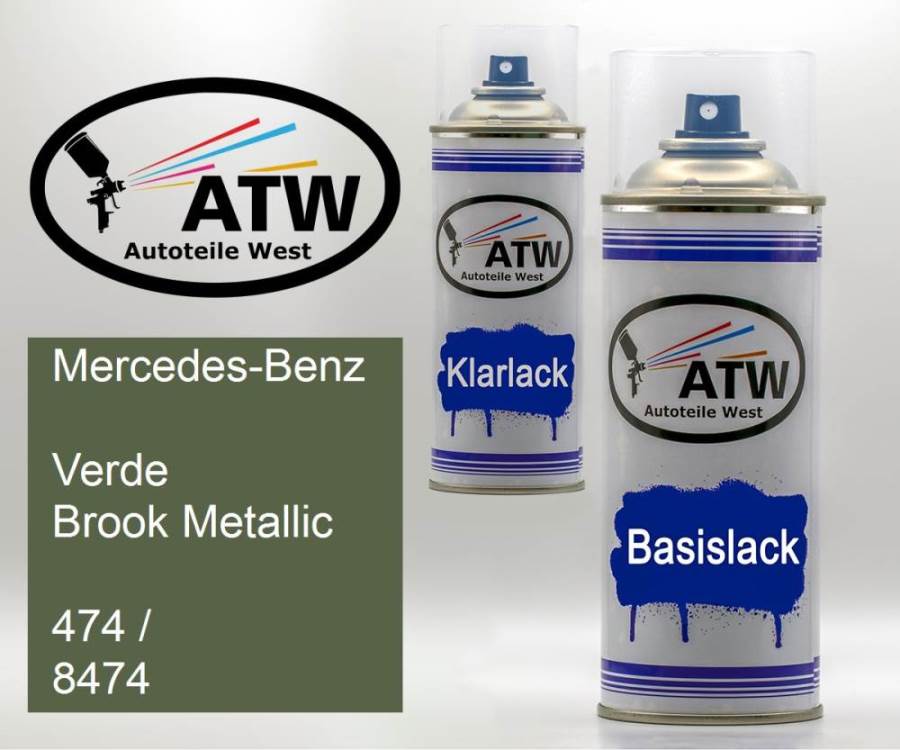 Mercedes-Benz, Verde Brook Metallic, 474 / 8474: 400ml Sprühdose + 400ml Klarlack - Set, von ATW Autoteile West.